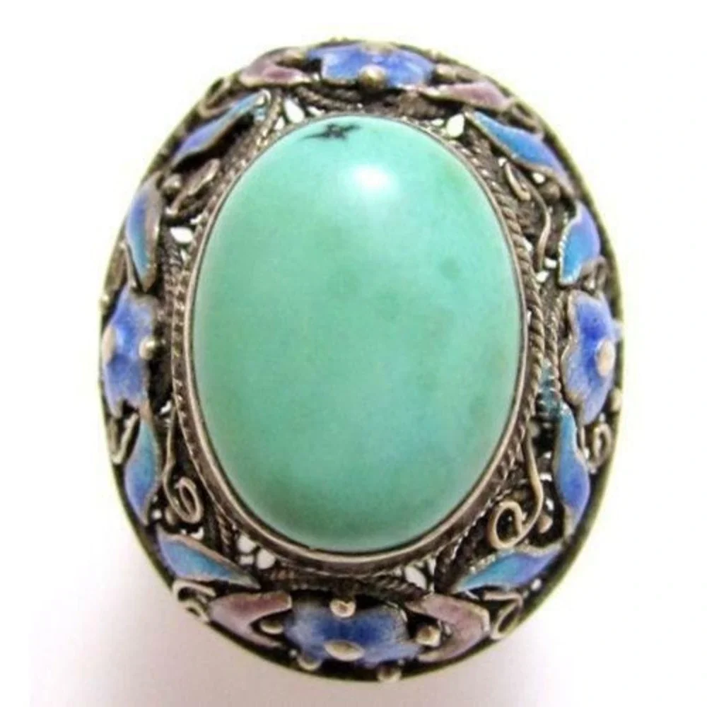 Vintage Chinese Export Enamel Flower 925 St Silver‎ Turquoise Ring*9.25